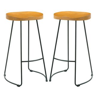 An Image of Bailey Black Metal Leg Bar Stool In Pair With Pine Wood Seat