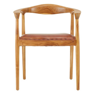 An Image of Formosa Natural Teak Wood Chair With Brown Leather
