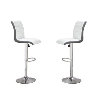 a63d1469f0a6e2c8a211443c5651a0e45fbc7555f5225a311a48d2629c00f3c7.jpg An Image of Ritz Bar Stools In White And Grey Faux Leather In A Pair
