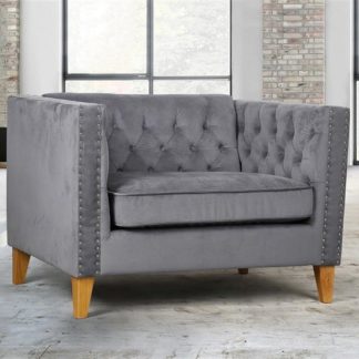 An Image of Atherton Fabric Sofa Chair In Grey Velvet With Wooden Legs