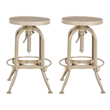 a8095ee2b5891aca6e4a38a42af1cede58219a0a4b9795ca80f566f98aa6667b.jpg An Image of Dofida Champagne Adjustable Metal Bar Stools In Pair