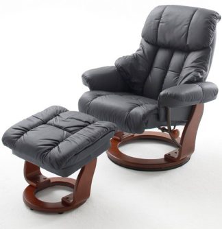 An Image of Calgary Swivel Relaxer Chair Leather With Foot Stool In Black