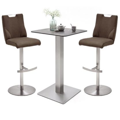 a828ab2f0a4c503ee9014aee1a144bffc8f13034b530aae024fa60cc8f3a1f7e.jpg An Image of Soho Glass Bar Table With 2 Jiulia Brown Leather Stools