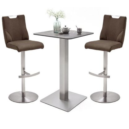 An Image of Soho Glass Bar Table With 2 Jiulia Brown Leather Stools