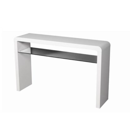 a844c5de3b57231f2bd0c6fd654533c91409a732a8134e240554ae11987405ff.jpg An Image of Norset Large Console Table In White Gloss With 1 Glass Shelf