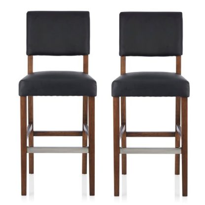 a8b3a164e4ee01ebc9b13838247413489cbcbca5c97e6def0861c7db50ca47d9.jpg An Image of Vibio Bar Stools In Black PU With Walnut Legs In A Pair