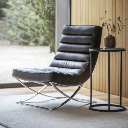 An Image of Kramer Leather Lounge Chair In Black With Metal Frame