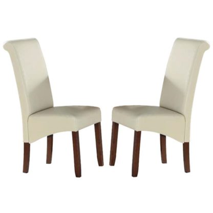 An Image of Sika Cream Leather Dining Chairs In Pair With Acacia Legs