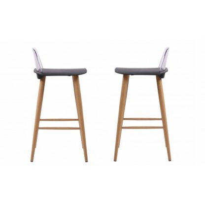 ab7e34230901c55a2f8a7ea89e3edbf7cf768ee246c8486f3f006fbf93f0035f.jpg An Image of Madisson Black Bar Stool With Oak Look Metal Legs In A Pair