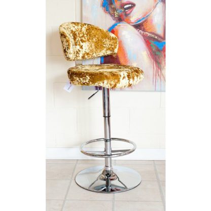 An Image of Crushed Velvet Bar Stool In Gold With Chrome Base