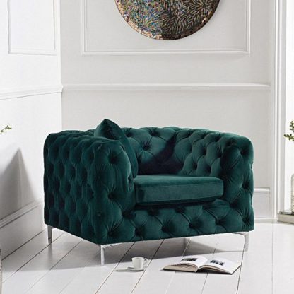 ac4285958fe2c727648a6c7770da697a8fd16789bdda579df0f94613d7fb6829.jpg An Image of Sabine Velvet Armchair In Plush Green With Metal Legs