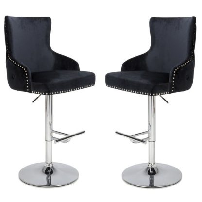 An Image of Reese Black Velvet Bar Stools With Chrome Base In A Pair