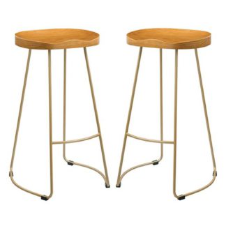 An Image of Bailey Gold Effect Leg Bar Stool In Pair With Pine Wood Seat