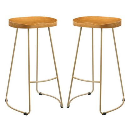 An Image of Bailey Gold Effect Leg Bar Stool In Pair With Pine Wood Seat