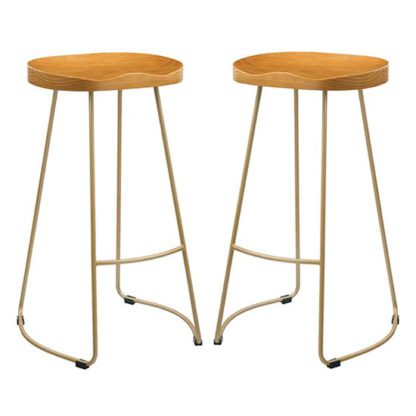 acadd8f7b4c0e74a15a4aef270e14766443759a3449556cc69199e74629144f4.jpg An Image of Bailey Gold Effect Leg Bar Stool In Pair With Pine Wood Seat