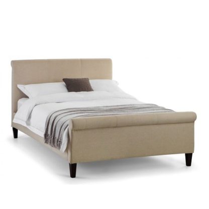 An Image of Quartz Fabric Double Bed In Sand Linen With Wooden Legs