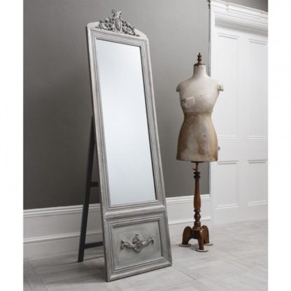 ada5359bbbf473f7884f50681318b6ad67c16d0b7f80be0610f0a30f2d1e610e.jpg An Image of Gracie Cheval Floor Standing Mirror In Silver And Detailed Panel