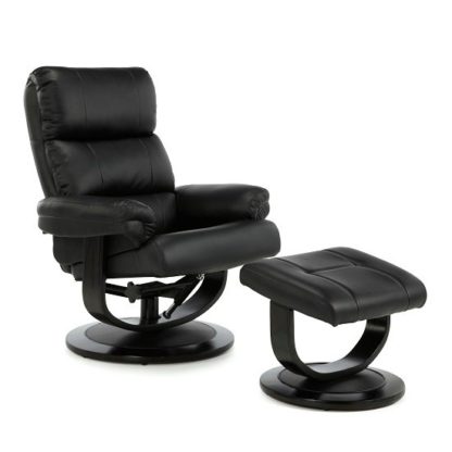 An Image of Darwin Recliner Chair In Black Faux Leather With Footstool