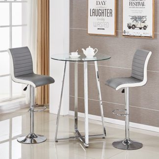 An Image of Poseur Glass Bar Table With 2 Ritz Grey And White Stools