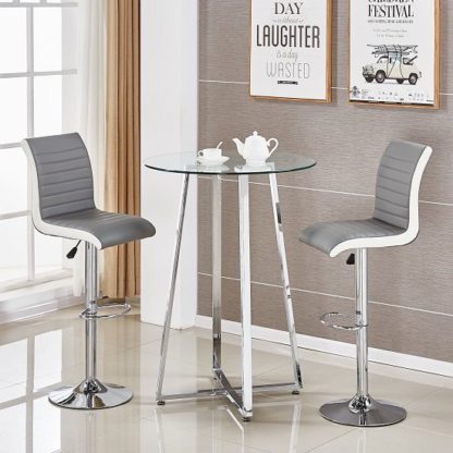 aedf81ce4ad37acf30577316de519a565d3008c237f2e2c976c123c484adafbe.jpg An Image of Poseur Glass Bar Table With 2 Ritz Grey And White Stools