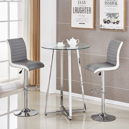 An Image of Poseur Glass Bar Table With 2 Ritz Grey And White Stools