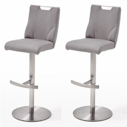 An Image of Jiulia Ice Grey Leather Bar Stool In Pair With Steel Base