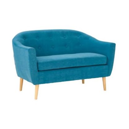 An Image of Morrill Woven Fabric Two Seater Sofa In Teal With Oak Legs