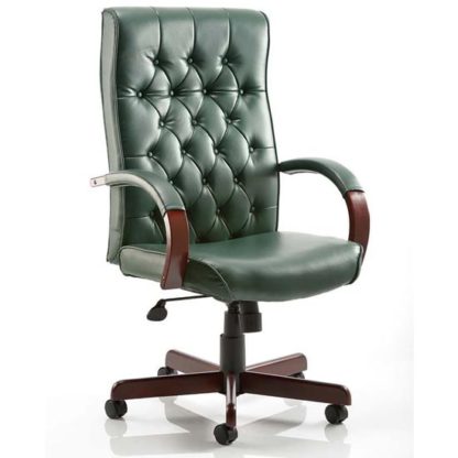 b3356e652e9fdab2ad61aaf044761dd1041620a69eefaa6e9eb443649292c3a9.jpg An Image of Chesterfield Leather Office Chair In Green With Arms