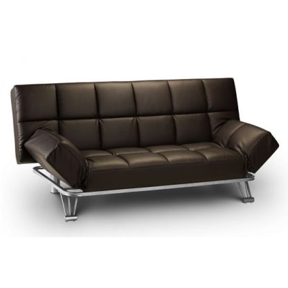 b3c3f65cb2fe1b810882b91861ba10437038668a9e82bd50e9f2b015725aac03.jpg An Image of Arden Sofa Bed In Brown Faux Leather With Steel Frame