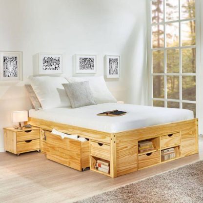 An Image of Claas Wooden Functional Double Bed In Natural Oak