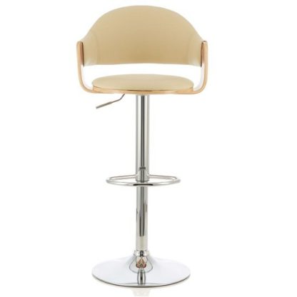 b4d2b600eb7932a7aaa0ff94236745bb52f46bd9f19e61bde317040d0d4b0fa2.jpg An Image of Emden Bar Stool In Oak And Cream PU With Chrome Base