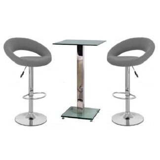 An Image of Spice Bar Table In Clear Glass And 2 Leoni Grey Bar Stools