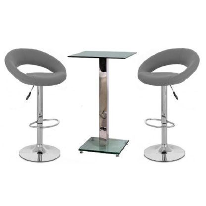 b5f119cb7a01ee8f189d732dd985d1c546c22ca59045a7d6761398268e60691a.jpg An Image of Spice Bar Table In Clear Glass And 2 Leoni Grey Bar Stools