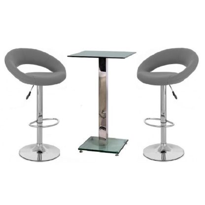 An Image of Spice Bar Table In Clear Glass And 2 Leoni Grey Bar Stools