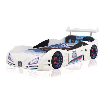 An Image of Buggati Veron Childrens Car Bed In White With Spoiler And LED