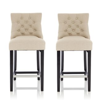 An Image of Calvia Bar Stools In Linen Fabric With Black Legs In A Pair