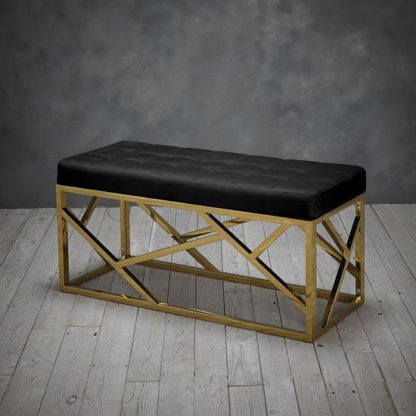 An Image of Renata Fabric Dining Bench In Black With Gold Frame