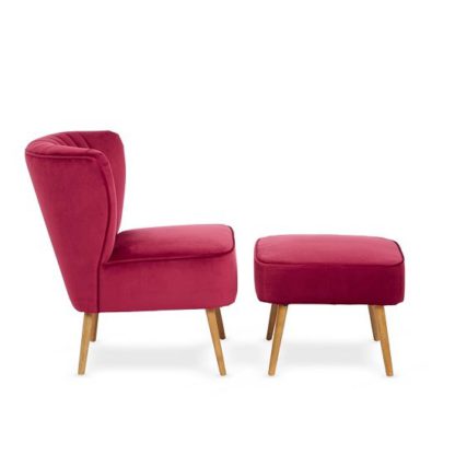 b7bbeb0f4d151f1adc511a8dd355adb1cefe0e3f1e8409167beb911220ed794a.jpg An Image of Samova Fabric Bedroom Chair And Foot Stool In Ruby Velvet