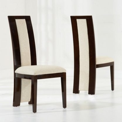 b866ffb7943687fddd79fd3386778f47f6c0c0678809db3372436db8a1c6f3c0.jpg An Image of Allie Dining Chair In Brown Gloss And Cream Fabric In A Pair