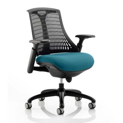 b8d7d2db6bd2a7aa6f6d7a0cf963f00f14af41f1c3fd0de64f00321923255d9d.jpg An Image of Flex Task Black Back Office Chair With Maringa Teal Seat
