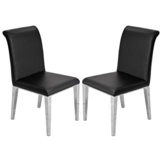 An Image of Kirkland Black Leather Dining Chairs In Pair With Chrome Legs