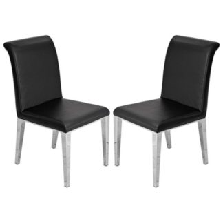 An Image of Kirkland Black Leather Dining Chairs In Pair With Chrome Legs