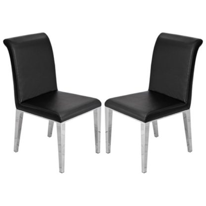 An Image of Kirkland Black Leather Dining Chairs In Pair With Chrome Legs