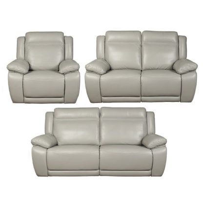 An Image of Baxter Recliner Sofa Suite In Light Grey Leather Air Fabric