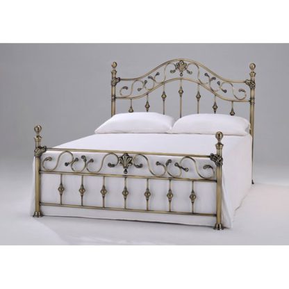 ba83d8ac9811efe8b75bfcf166b297c08fd1a1e439b743b9c8158c577fed2f41.jpg An Image of Elizabeth Brass Finish Metal Double Bed With Brass Finials