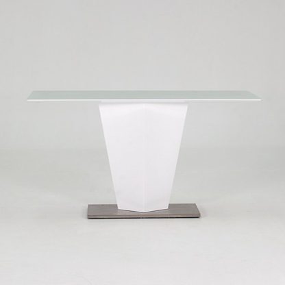 bb4ab6d04d62526d6a07ae47c75da47da0a84dd6c292e97cf49423cb8e7f69c8.jpg An Image of Stella Console Table In Frosted Glass And White Gloss Metal Base