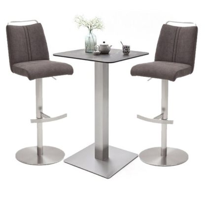 bbccf7b3a7be038020c2fe2e7af6fbb8de91bd8d48be333114e500600c5ee501.jpg An Image of Soho Glass Bar Table With 2 Giulia Brown Fabric Stools