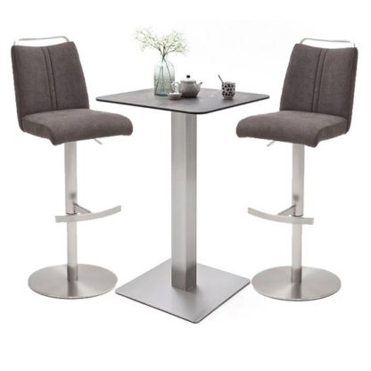 An Image of Soho Glass Bar Table With 2 Giulia Brown Fabric Stools