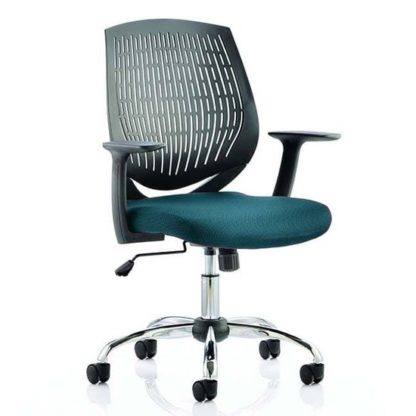 bbfe8c10cab6a462656a276c385e023542e92f373430bcfc5474f9729dcb0dd3.jpg An Image of Dura Black Back Office Chair With Maringa Teal Seat