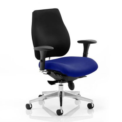 bc02aa2a4c1d612aec3670c80c3479c427336487e28c47ea8575f28ab08b2822.jpg An Image of Chiro Plus Black Back Office Chair With Stevia Blue Seat